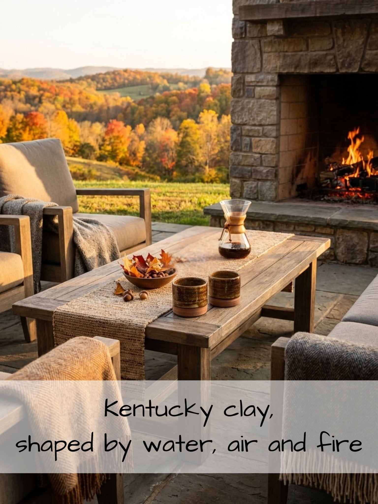 Outdoor patio with stone fireplace, wooden table, 2 pottery tumblers and chairs with autumn scenery.