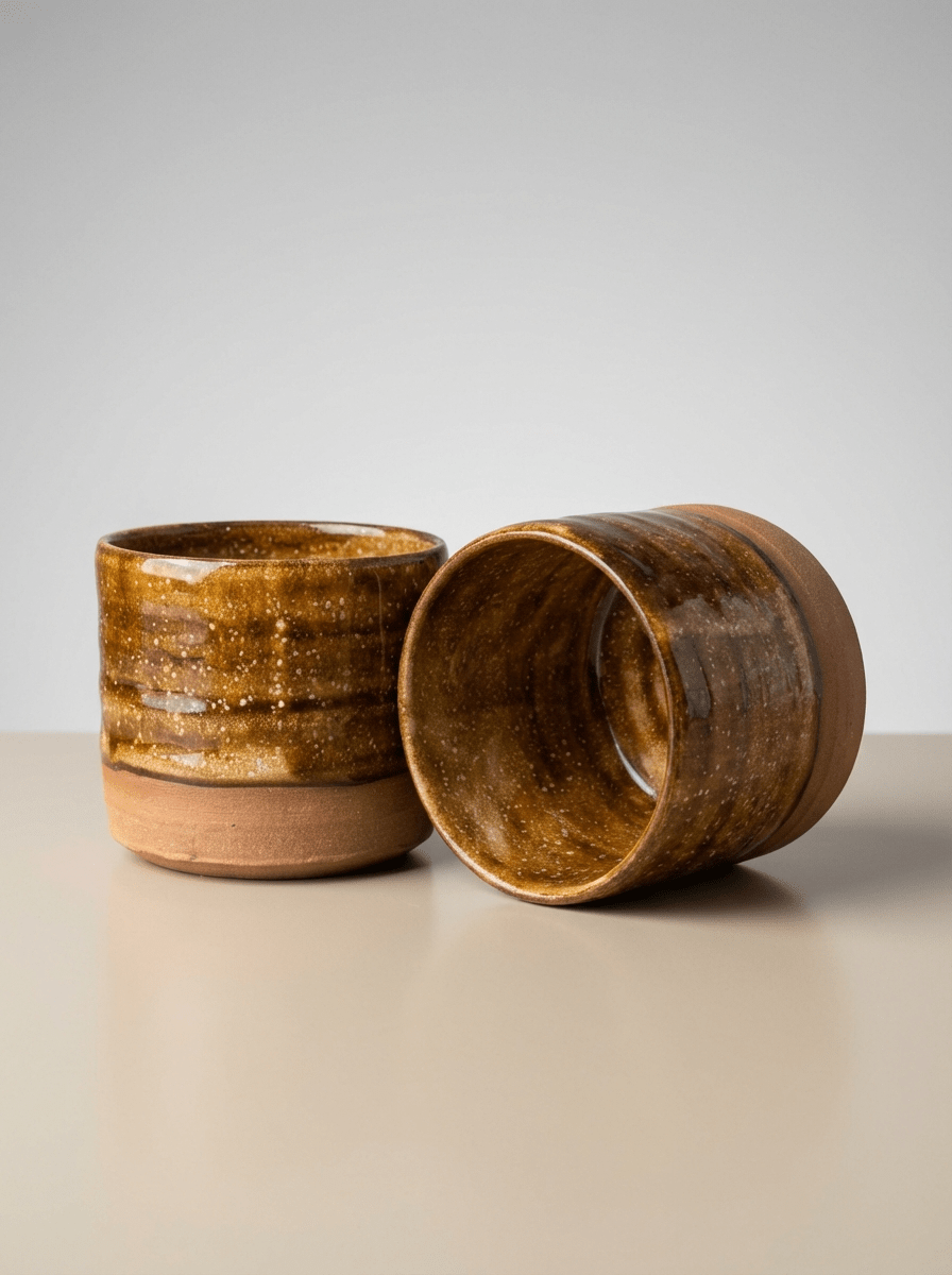 Two stoneware bourbon glasses with brown glaze on a light gray background