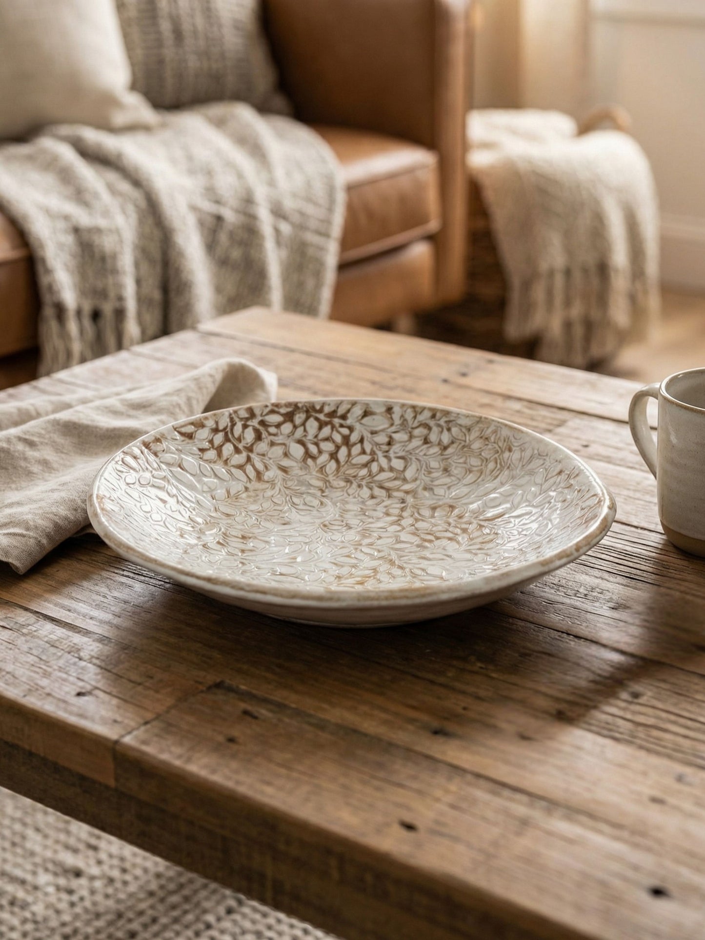 Artisan Ceramic bowl with leaf pattern on a wooden table with a cozy living room background